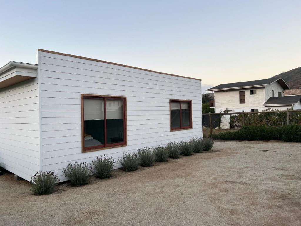 a white building with windows in a yard at Casa en Punta Puyai in Papudo