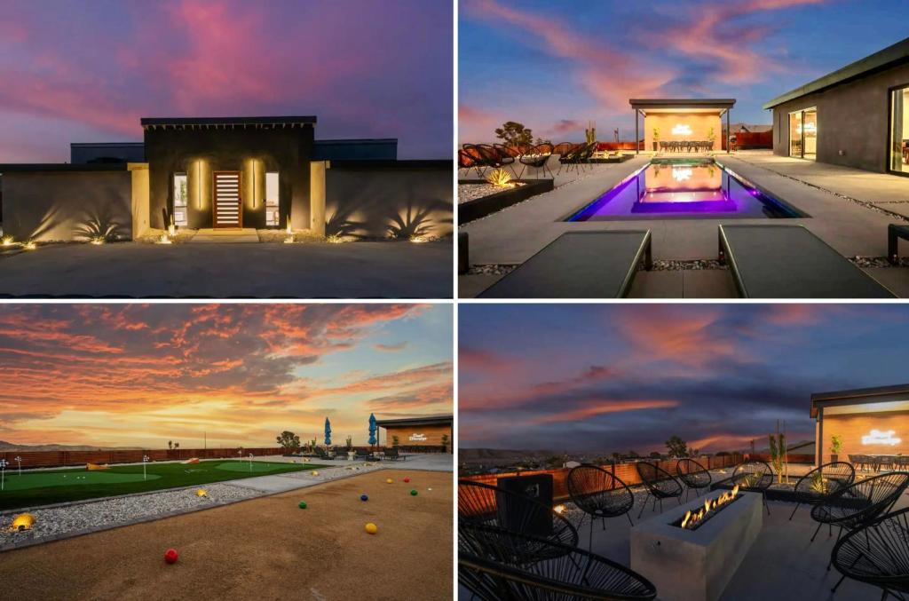 vier foto's van een huis met zwembad en zonsondergang bij Desert Dreamscape Pool Spa-Golf in Joshua Tree