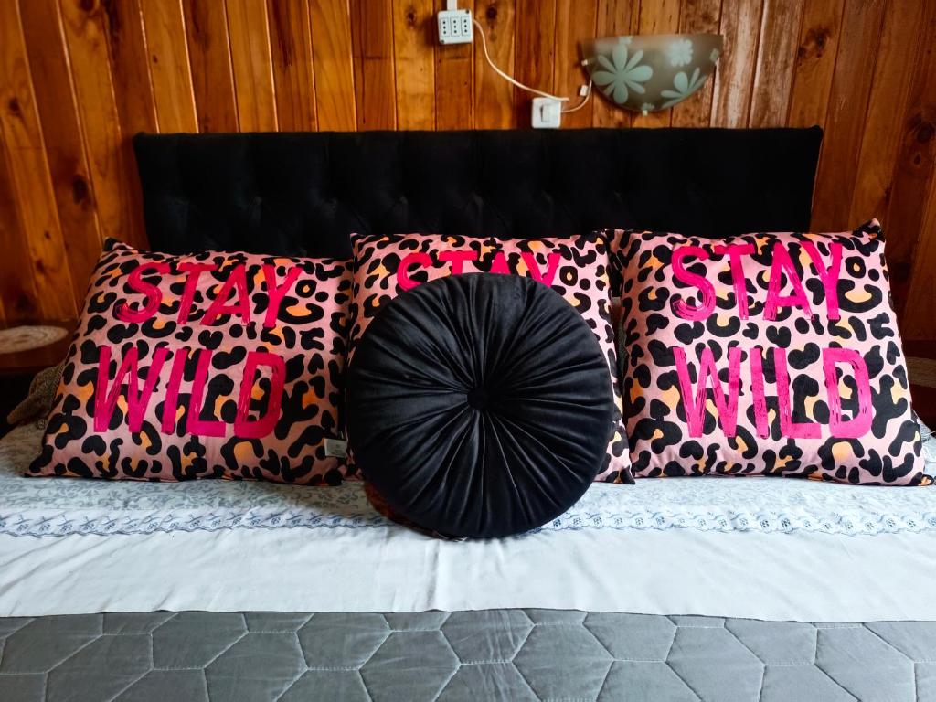 a black pillow sitting on top of a bed with pillows at Cabañas costa maule in Constitución