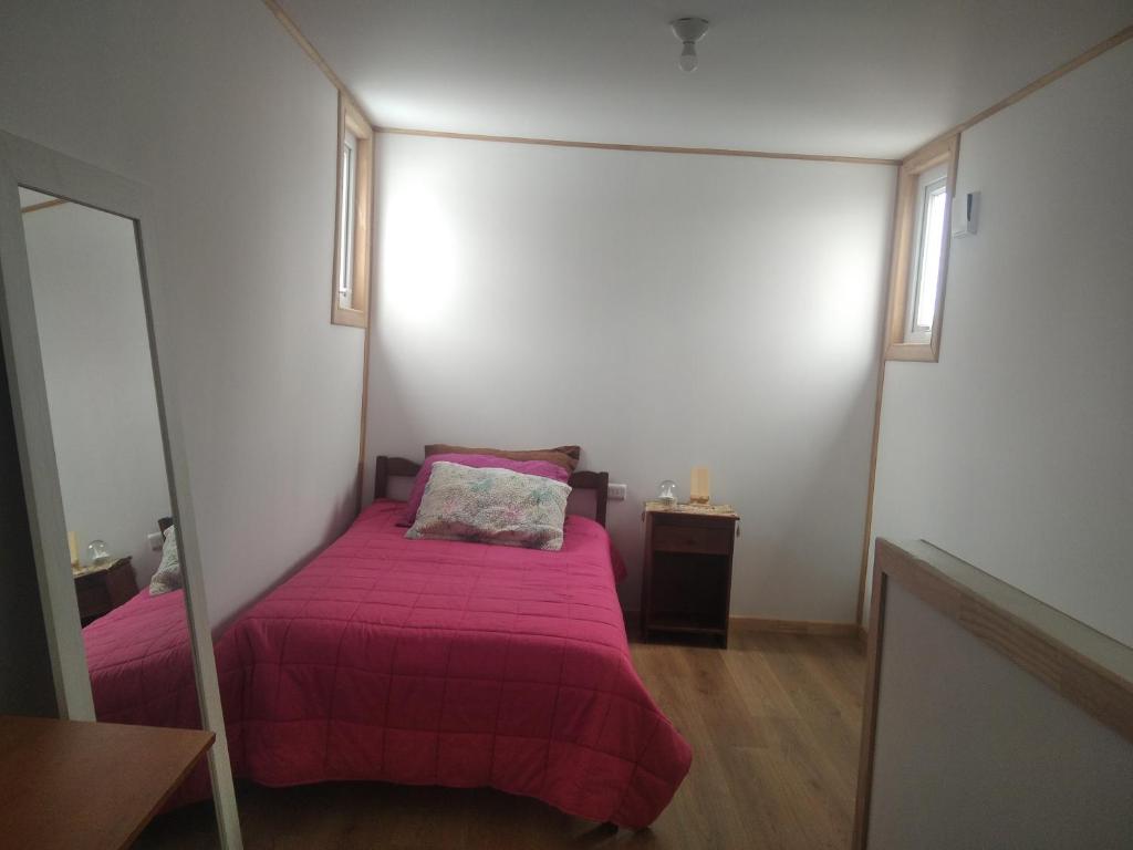 een kleine slaapkamer met een bed met een roze deken bij Pieza Labranza 