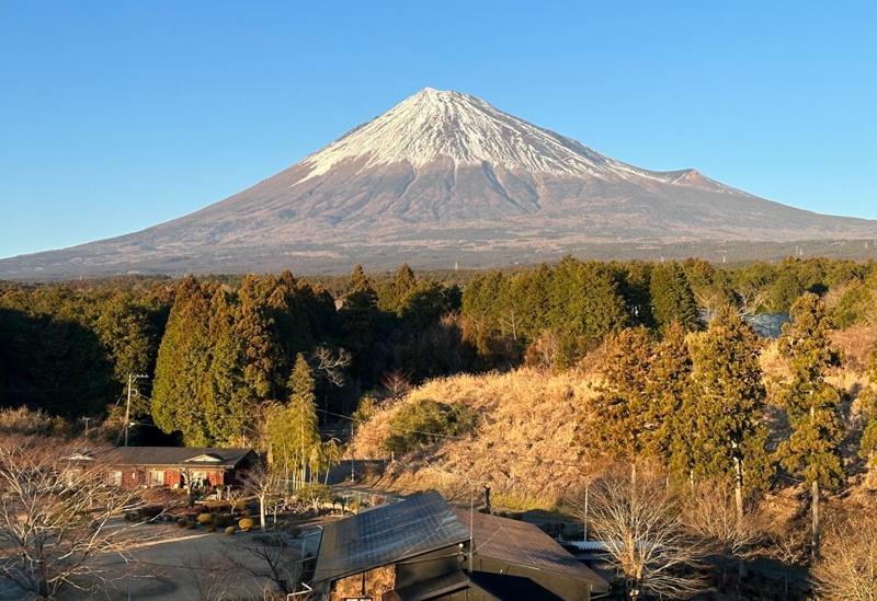 ein Berg in der Ferne mit einem Haus und Bäumen in der Unterkunft Mt.Fuji Rising Sun Inn in Fuji