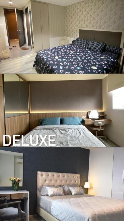 two pictures of a bedroom with a bed in it at sewa apartment harian in South Tangerang