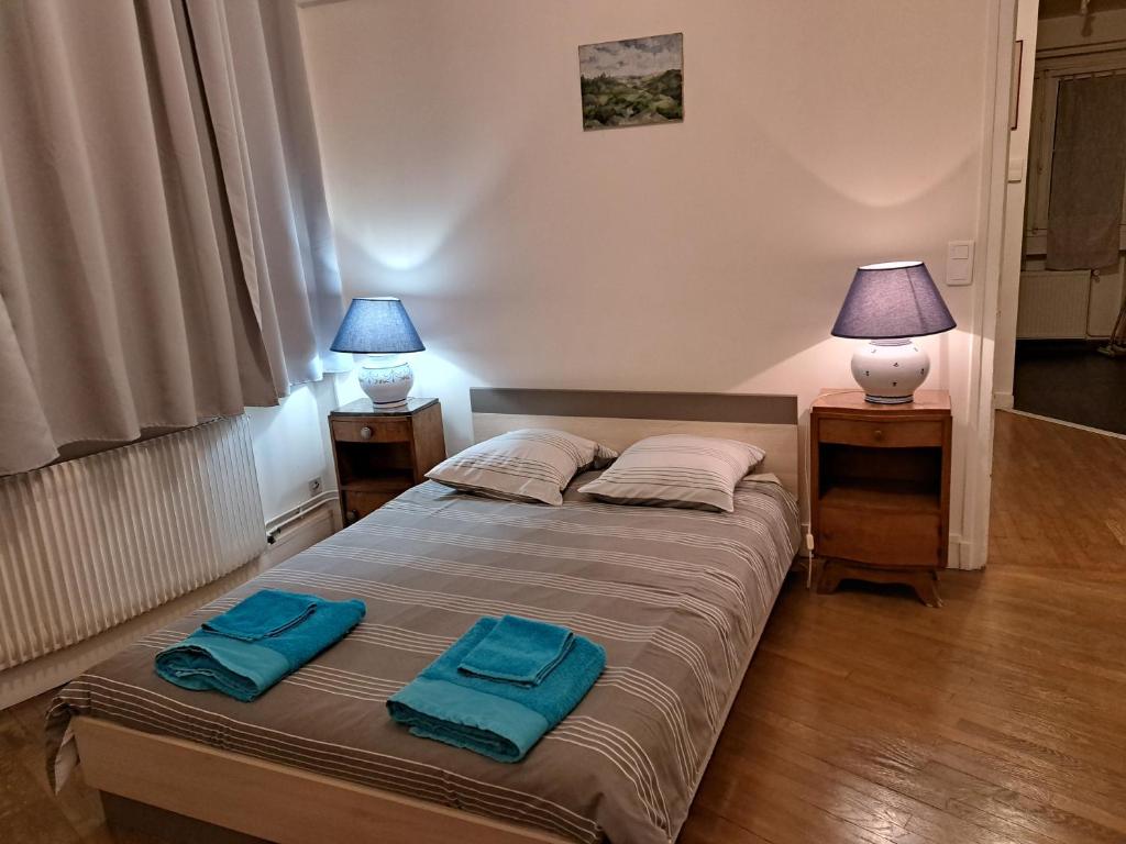 1 dormitorio con 1 cama con 2 toallas en Charmant appartement au pied du château, en Gien