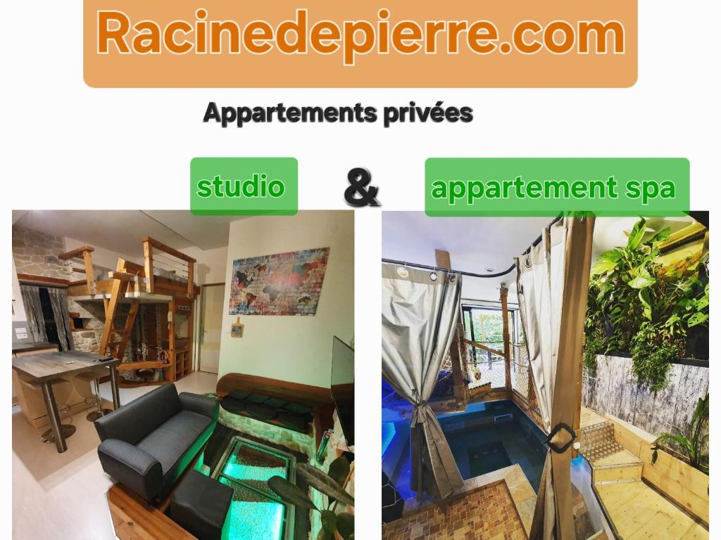 a collage of two pictures of a living room at Racine De Pierre in Castres