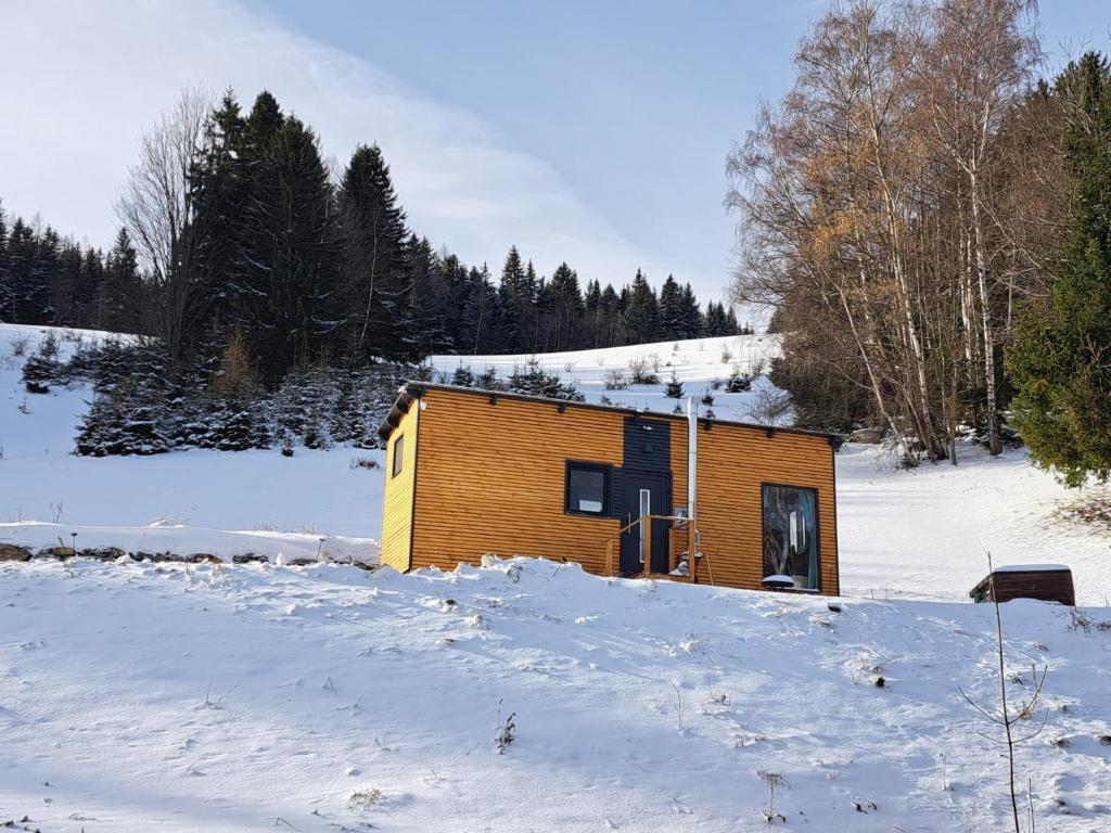 a small wooden cabin in a snow covered field at Tinyhaus Villa to go in Reichenau
