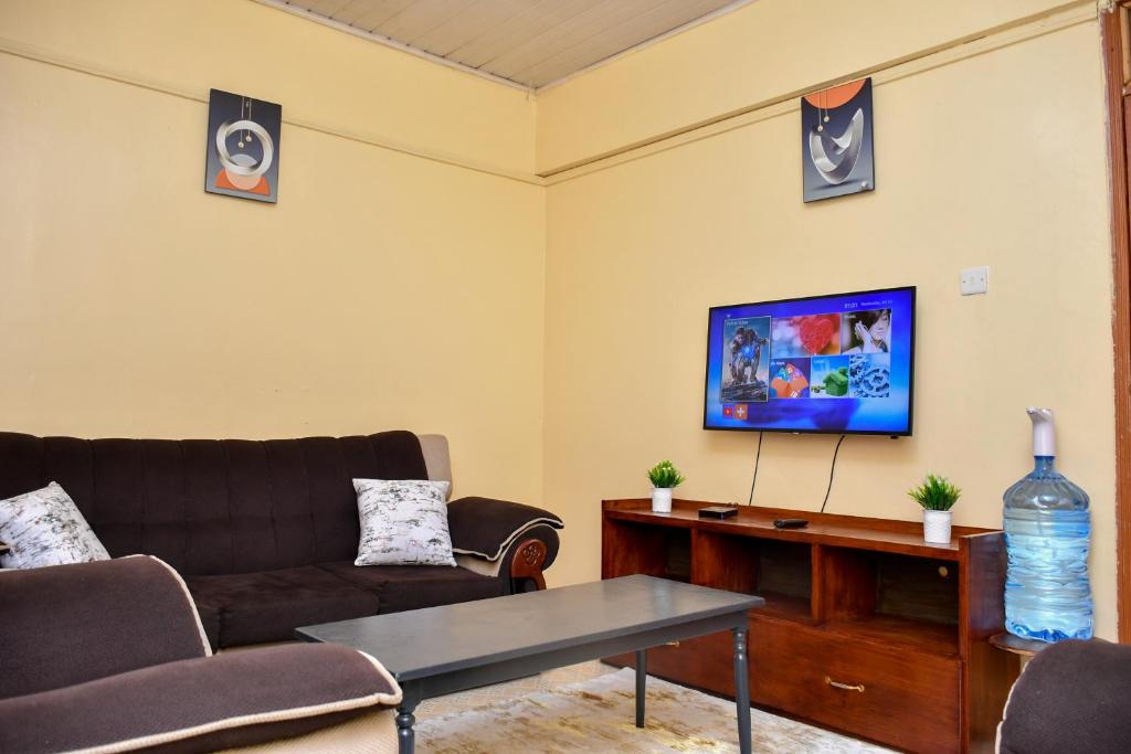 a living room with a couch and a tv at Ramsi apartment in Nairobi