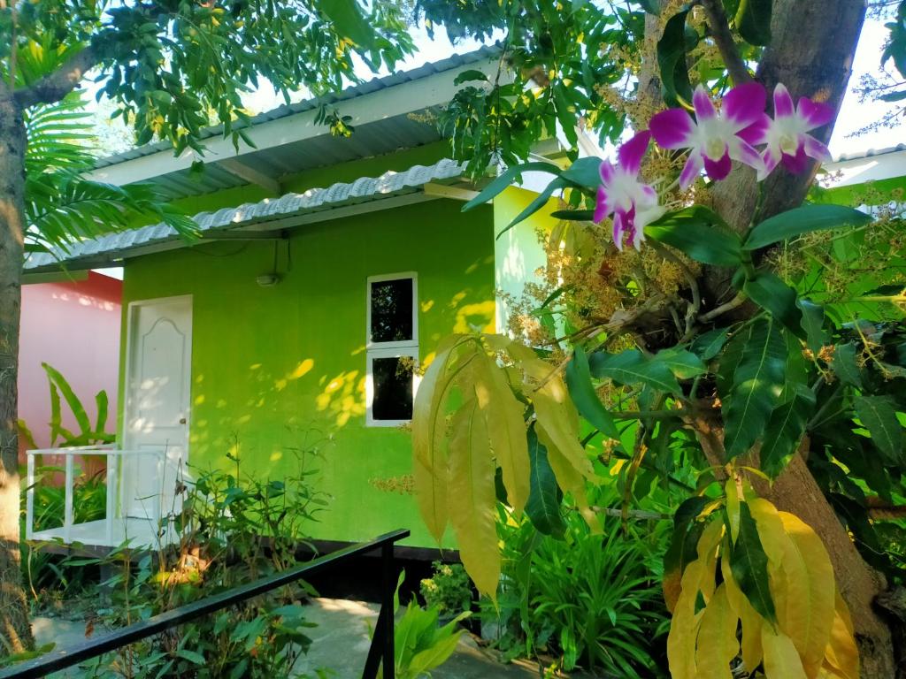 uma casa verde com uma árvore e flores em Ban Suan Lung Rin em Kanchanaburi