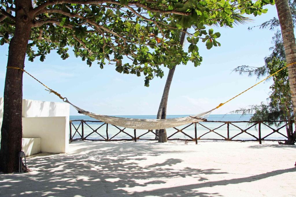 a hammock hanging from two trees on the beach at MANOLO Beach Resort in Uroa