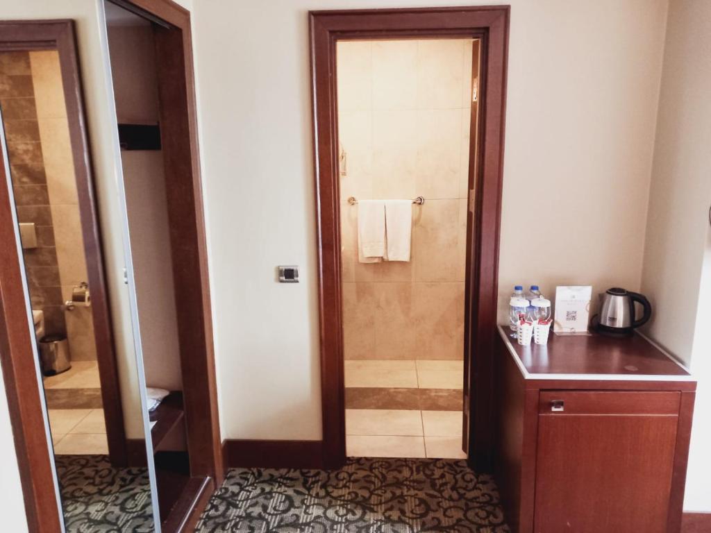 伊斯坦堡的住宿－亞洲夢山商務豪華酒店，浴室设有门,通往带水槽的浴室