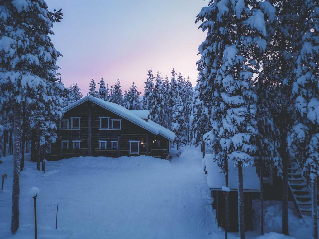 una baita di tronchi nella neve con alberi di Villa ArcticFox Levi a Kittilä