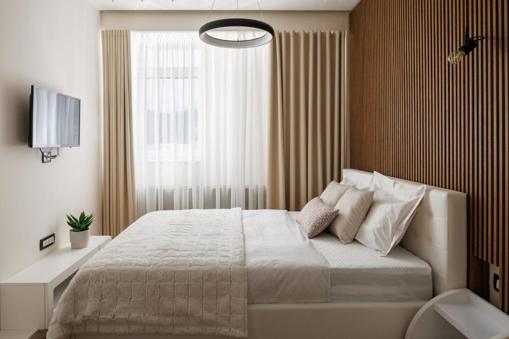 布拉索夫Skylark Central Aparthotel的一间带大床和窗户的卧室