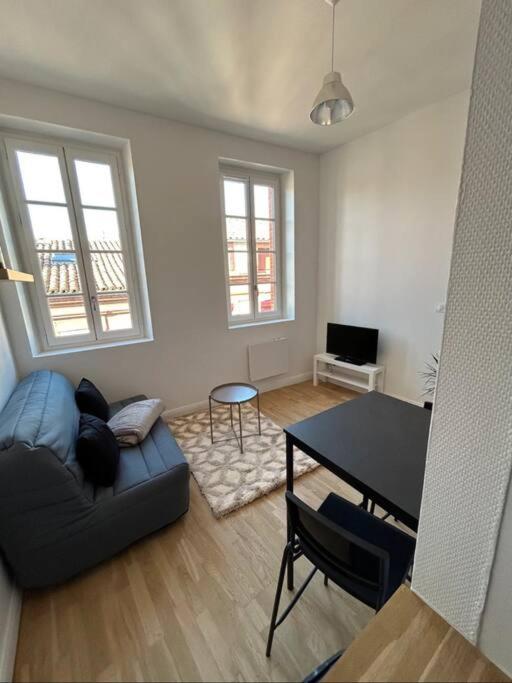 un salon avec un canapé et une table dans l'établissement Le studio Cygne Blanc hypercentre rue Riquet, à Toulouse