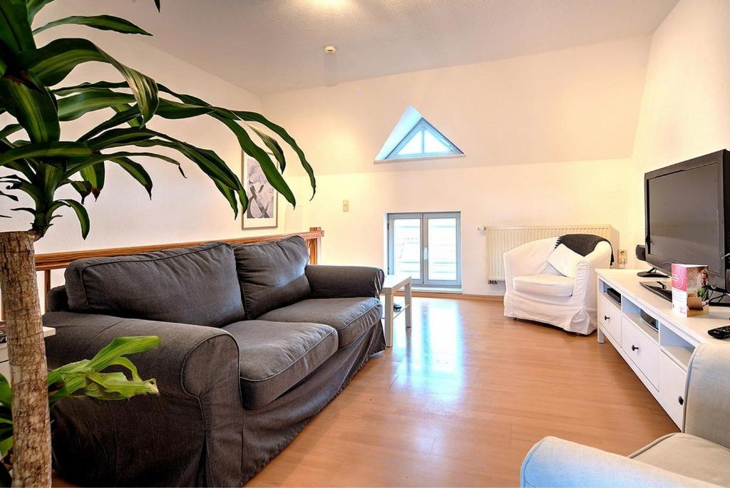 ein Wohnzimmer mit einem Sofa und einem TV in der Unterkunft Traumfänger in Wismar