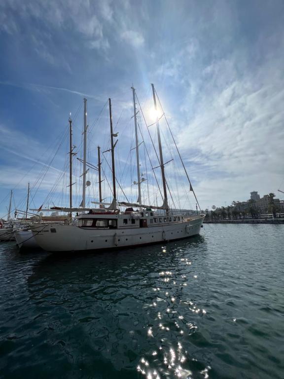 a boat sitting in the water with the sun behind it at Southern Cross in Barcelona