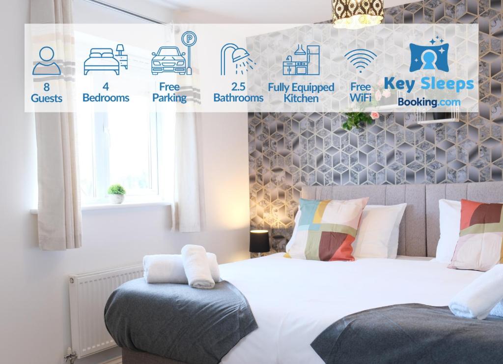 a bedroom with a bed and a poster with different signs at Large House By Keysleeps Short Lets Northampton M1 With Free Parking Contractors Leisure in Great Billing