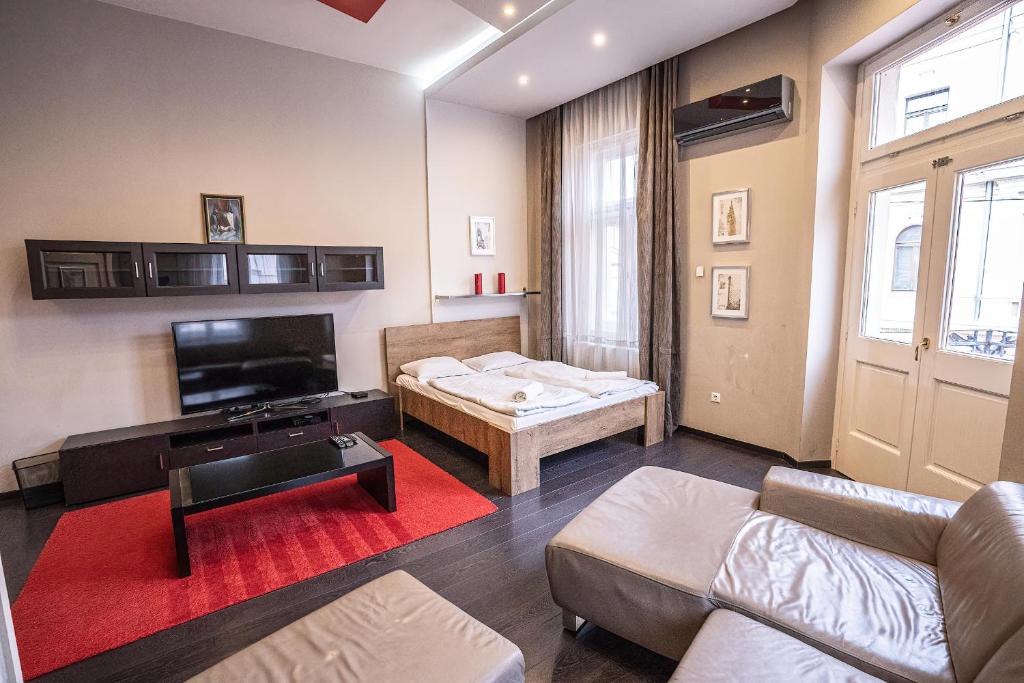 - un salon avec un canapé et une télévision dans l'établissement Kelemen Apartment, à Szeged