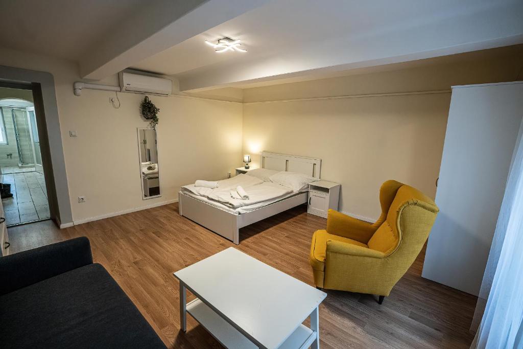 ein Schlafzimmer mit einem Bett, einem Sofa und einem Stuhl in der Unterkunft Gogol Apartment in Szeged