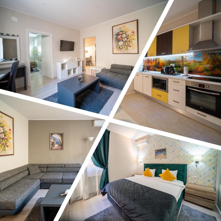 eine Collage aus vier Bildern eines Zimmers in der Unterkunft Casa 86 in Bukarest