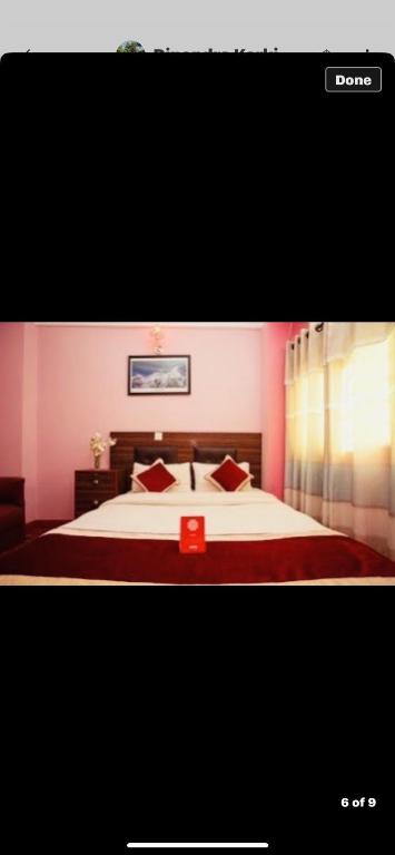 1 dormitorio con 1 cama grande con sábanas rojas en Global hotel en Katmandú