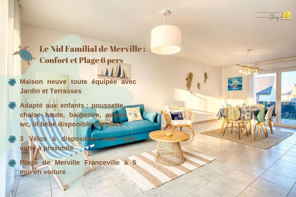 uma sala de estar com um sofá azul e uma mesa em Le Nid Familial de Merville Maison neuve proche Plage 6 pers em Merville-Franceville-Plage