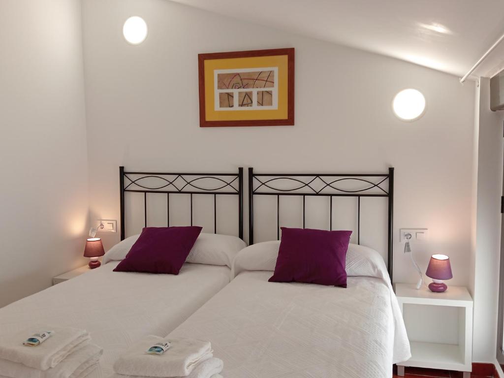 een slaapkamer met 2 witte bedden met paarse kussens bij Alojamientos Zabala La Piedra en Nájera in Nájera