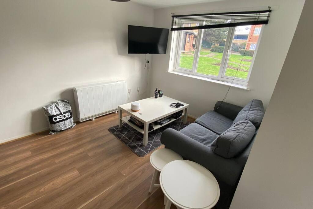 a living room with a couch and a table at MODERN 1 Bedroom Ground Floor Flat in London