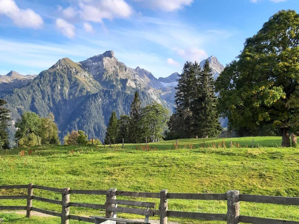 a wooden fence in a field with mountains in the background at Landhaus Berthold in Bürserberg