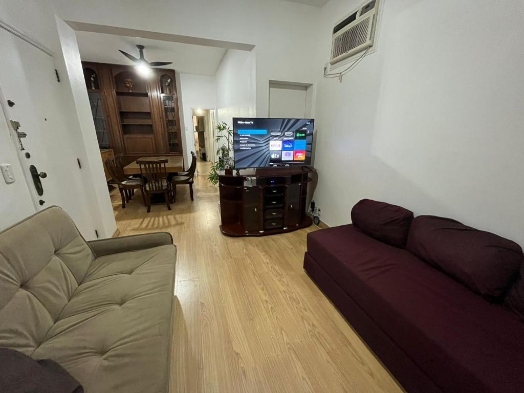 sala de estar con sofá y TV de pantalla plana en Apartamento em Ipanema Melhor localização, en Río de Janeiro