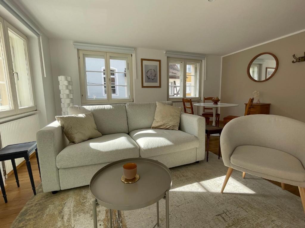 a living room with a couch and a table at Apartment RETRO-Chic in der Fußgängerzone in Bregenz