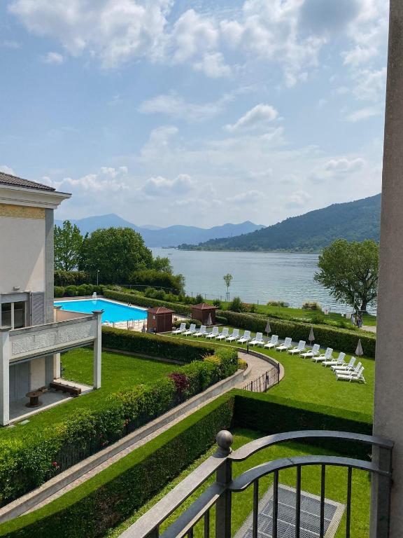 a view of the lake from the balcony of a resort at la Casa di Luca in Sarnico
