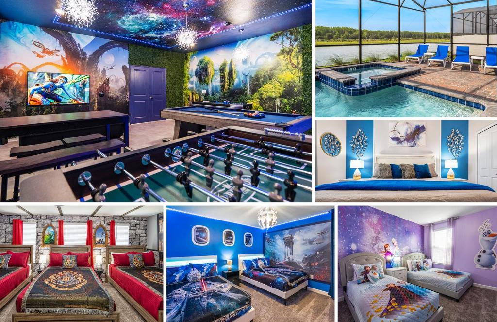 un collage de photos d'une chambre avec piscine dans l'établissement Luxury Lake View 9-Bedroom Villa @Storey Lake Resort, à Kissimmee