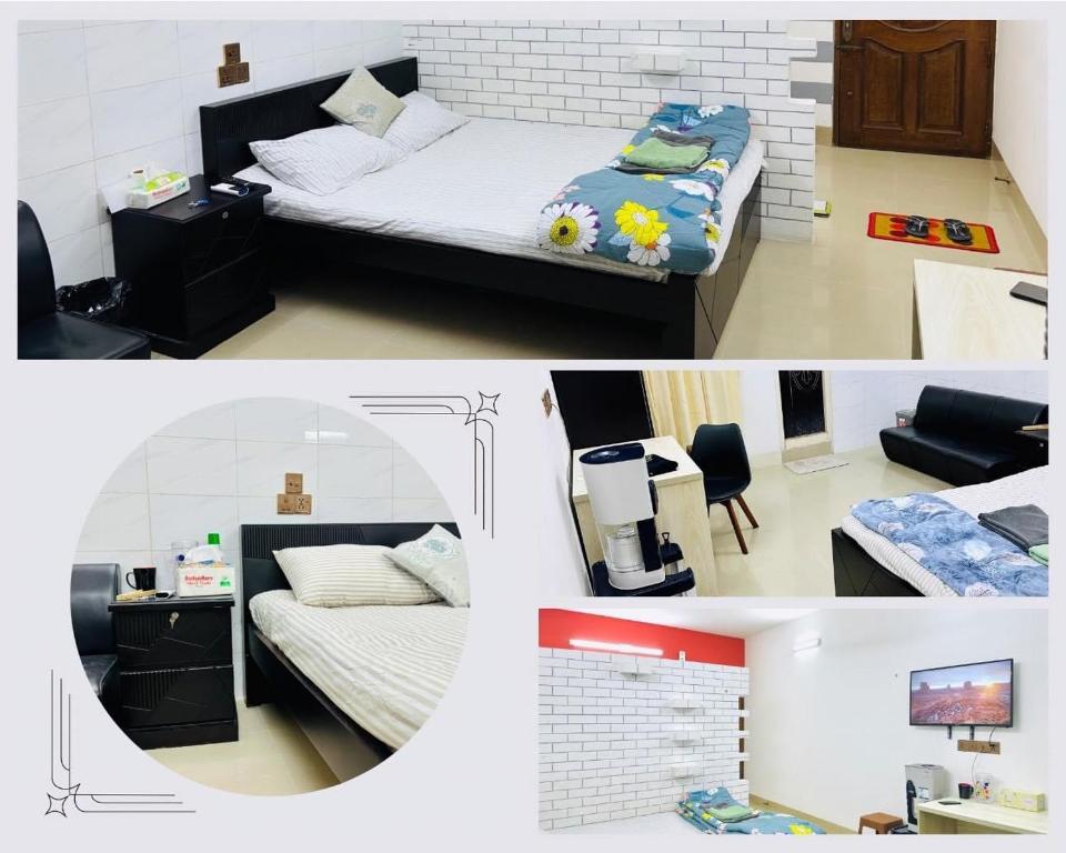 two pictures of a bedroom with a bed and a desk at Beautiful 1-Bed Studio in Dhaka in Dhaka