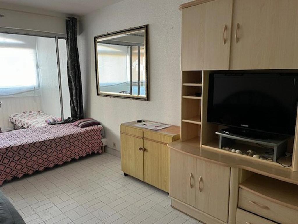 un salon avec une télévision et une chambre dans l'établissement Studio 4 pers, centre port Agde, proche commerces et plage, résidence sécurisée, animaux acceptés - FR-1-749-33, au Cap d'Agde