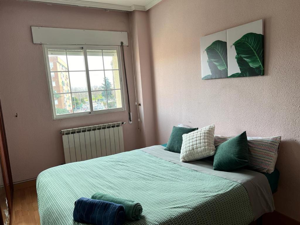een slaapkamer met een bed met groene lakens en een raam bij Apartamento Abrante in Madrid