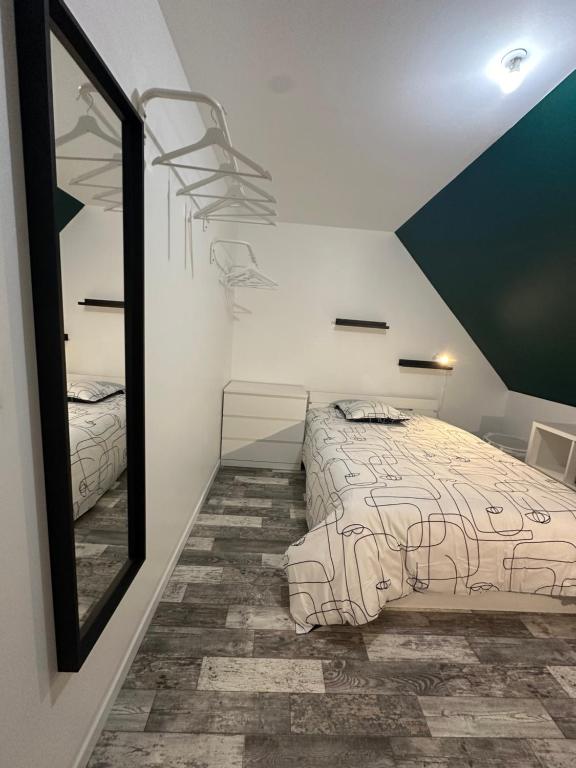 聖布里厄的住宿－The GREEN HOUSE，一间卧室配有一张床和镜子
