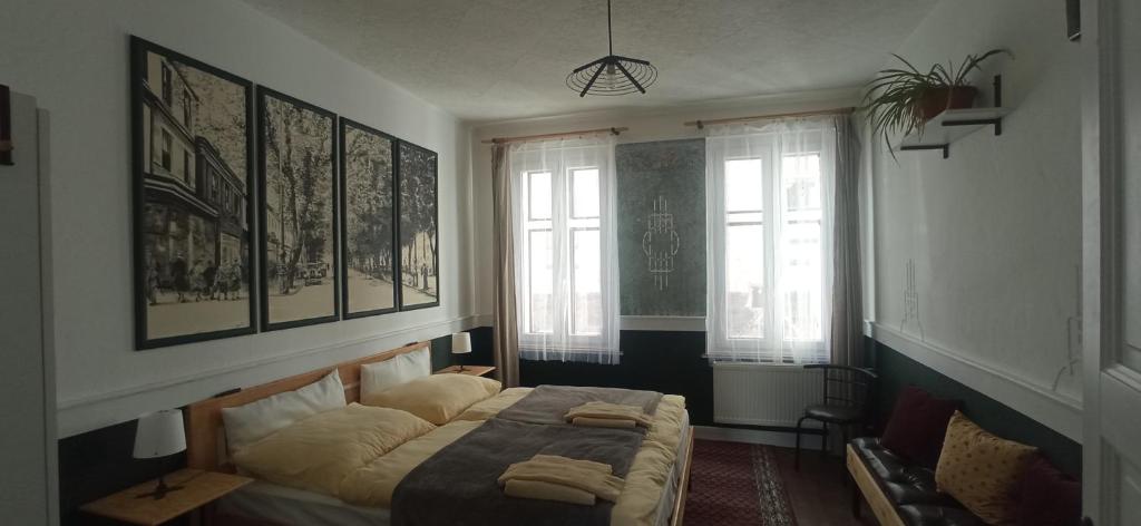 - une chambre avec un lit et 2 fenêtres dans l'établissement Altes Haus, à Abertamy
