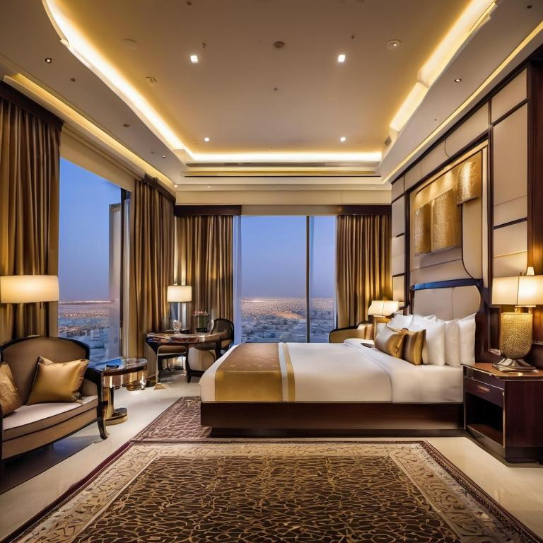 a bedroom with a large bed and a large window at Almouj Hotel in Muscat