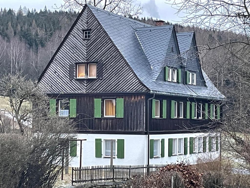 a large house with a black roof and green windows at Natur pur im Erzgebirge in Breitenbrunn