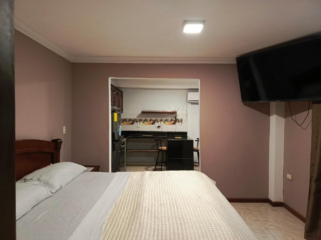um quarto com uma cama e uma televisão de ecrã plano em Mimo'Suits & rooms em Machala