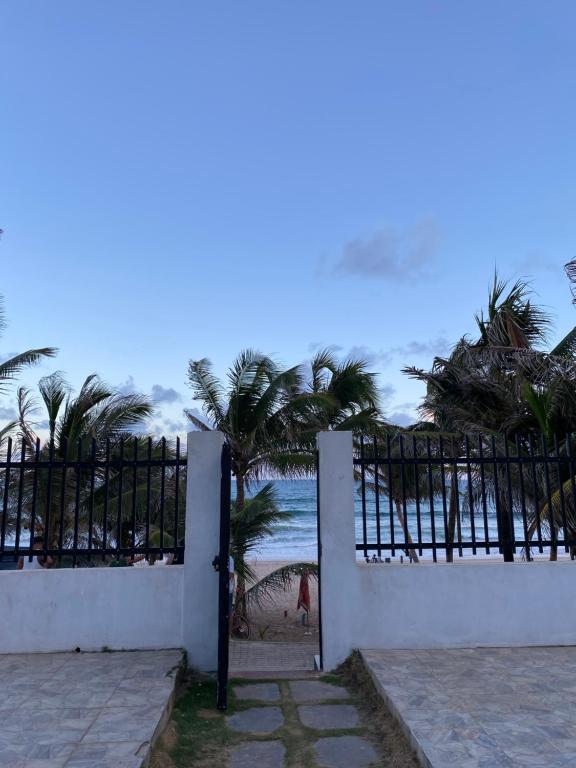una puerta a una playa con palmeras y el océano en Lindo Flat pé na areia en Salvador