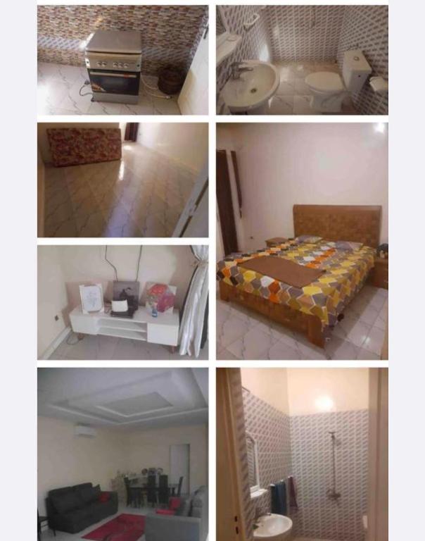 4 Bilder eines Zimmers mit einem Bett und einem Bad in der Unterkunft Maison FULANI in Toubab Dialao