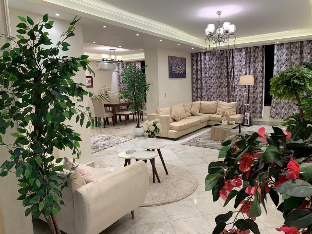 un soggiorno con divani e piante in vaso di Casa De Golf-أرض الجولف a Il Cairo