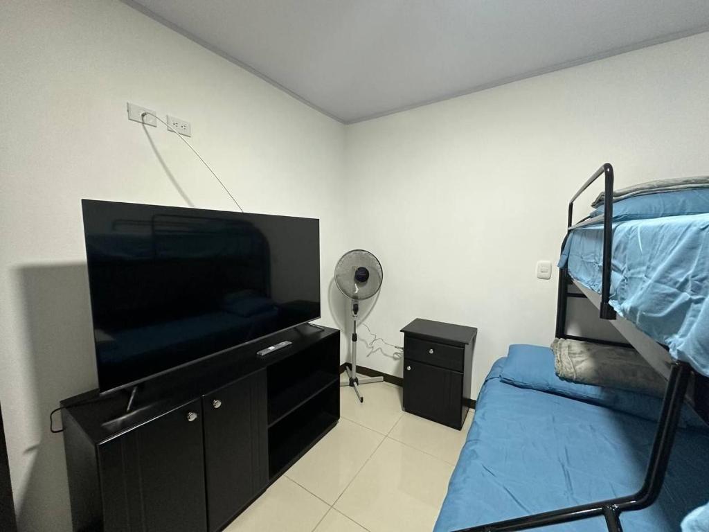 1 dormitorio con 1 cama y TV de pantalla plana en Twoanis Apartment, en Tambor