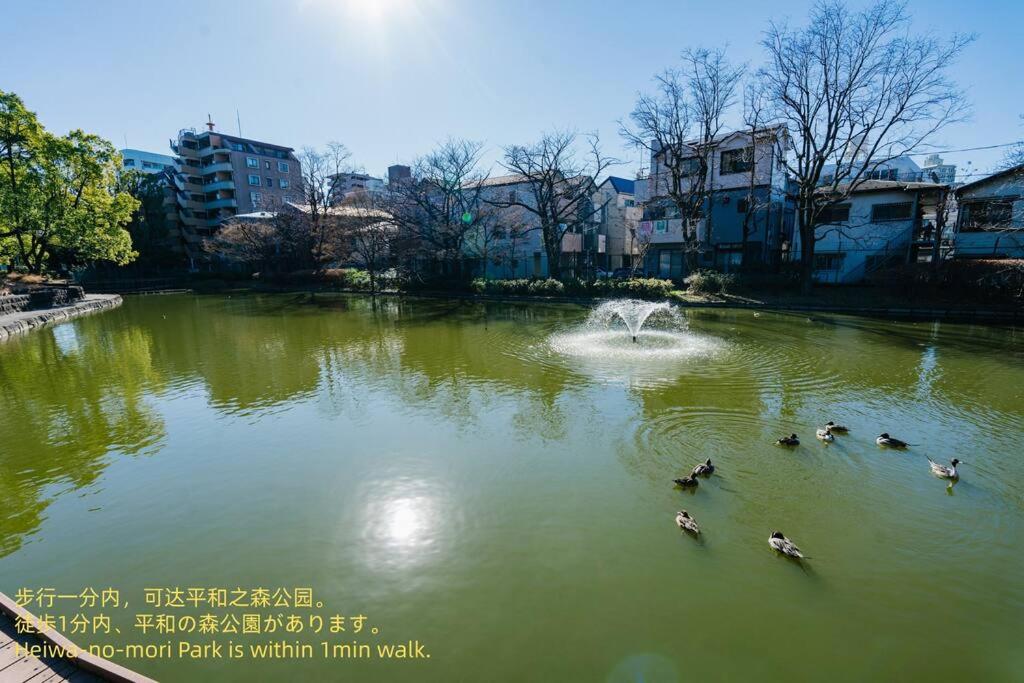 a group of ducks swimming in a pond with a fountain at 匯家風花ビル in Tokyo