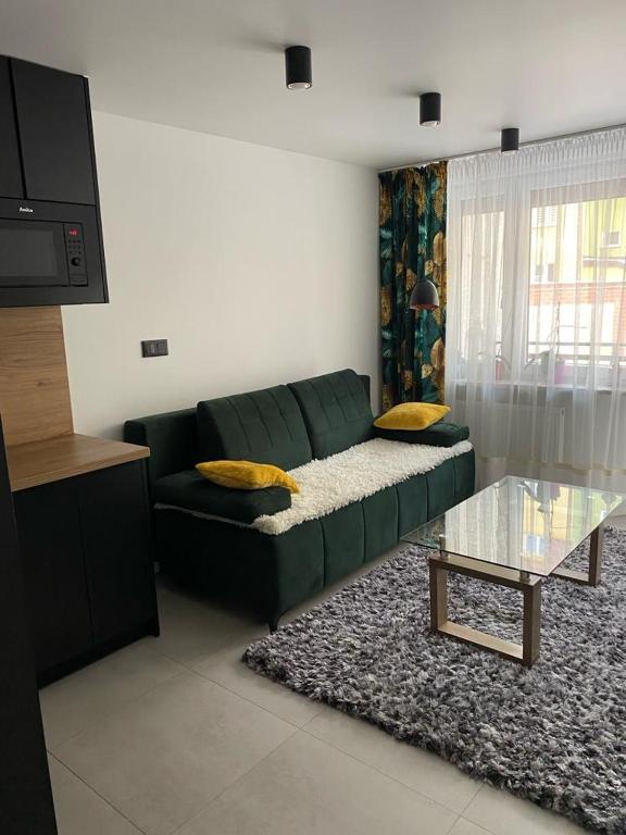 ein Wohnzimmer mit einem grünen Sofa und einem Couchtisch in der Unterkunft Apartament Żeromskiego2 in Biała Podlaska