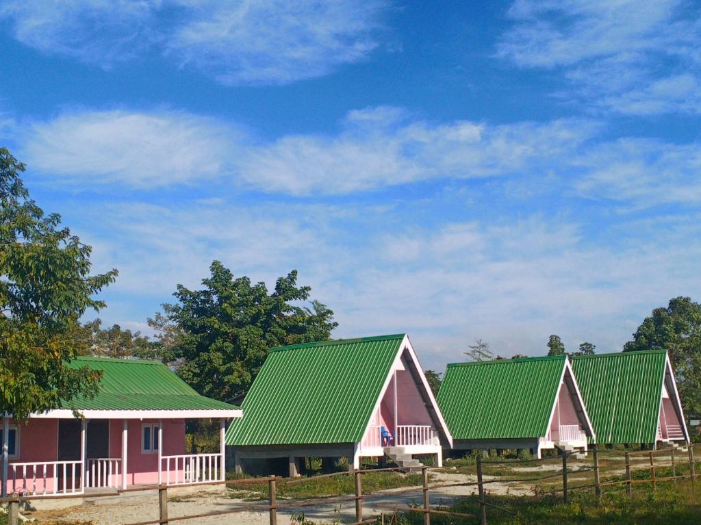 a row of houses with green roofs at Wood Town Resort in Kharem