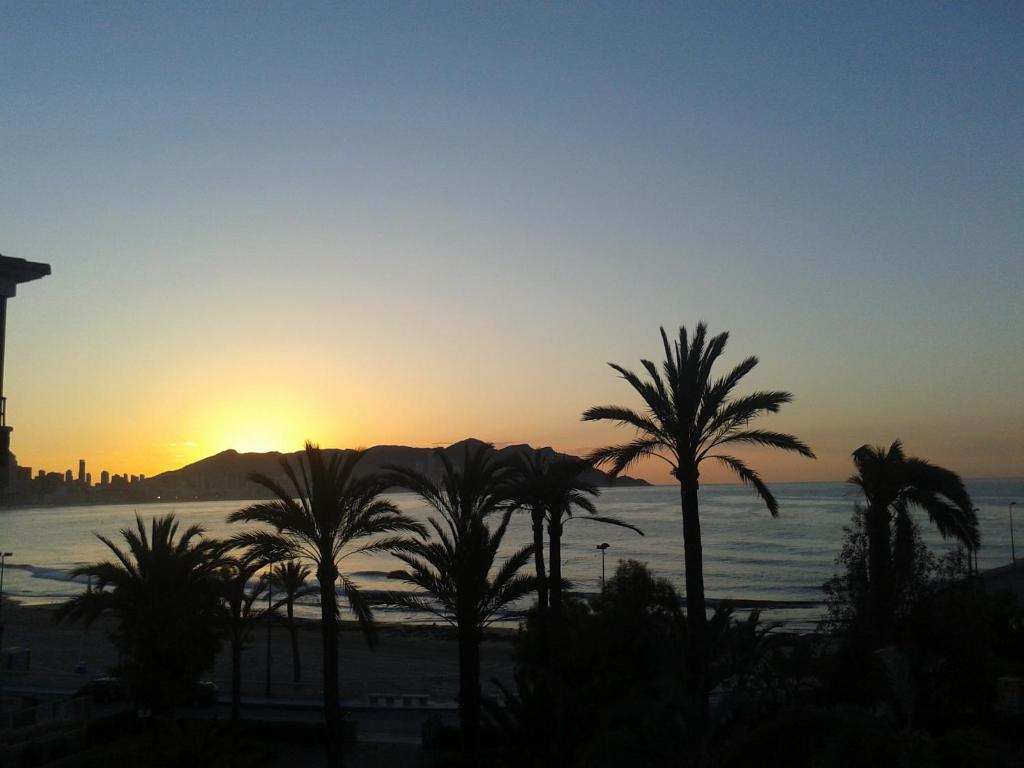 una puesta de sol sobre el océano con palmeras en Mirador de La Cala JPC, en Benidorm