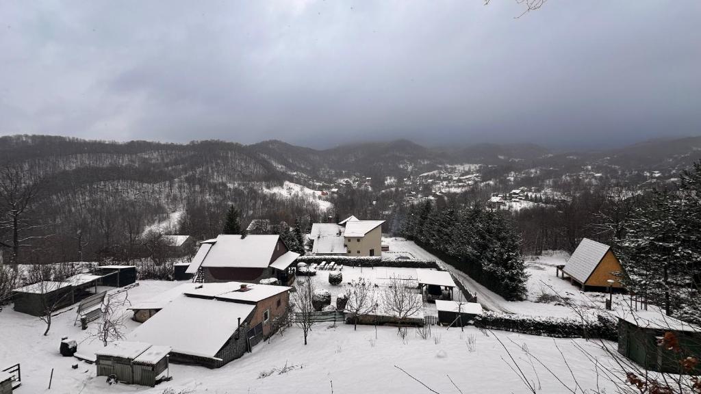 uma aldeia coberta de neve com montanhas ao fundo em TRYhaus 