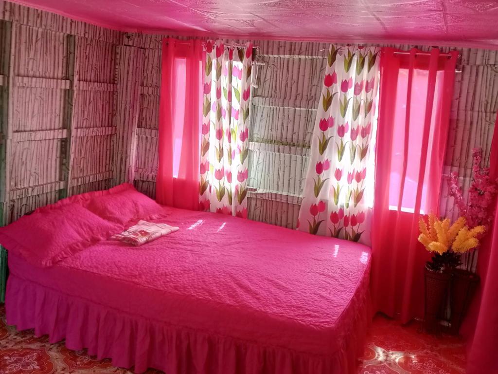 Cama rosa en habitación con cortinas rosas en Jeremiah Homestay near Masasa Beach, en Batangas