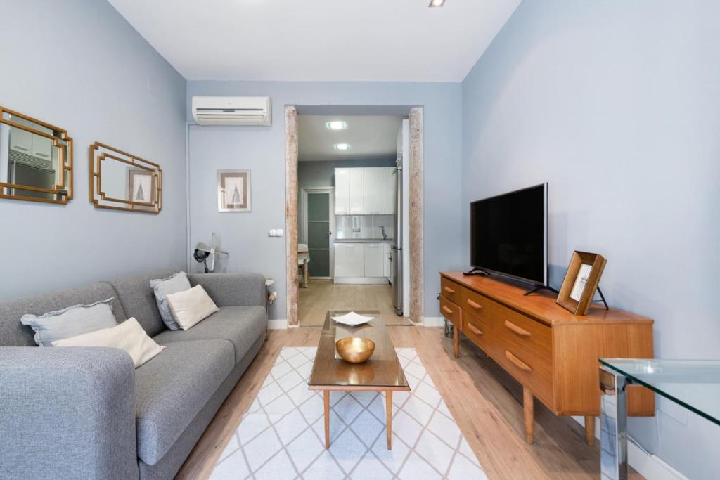 a living room with a couch and a tv at 1 bedroom 1 bathroom furnished - Sol - Downtown - Minty Stay in Madrid